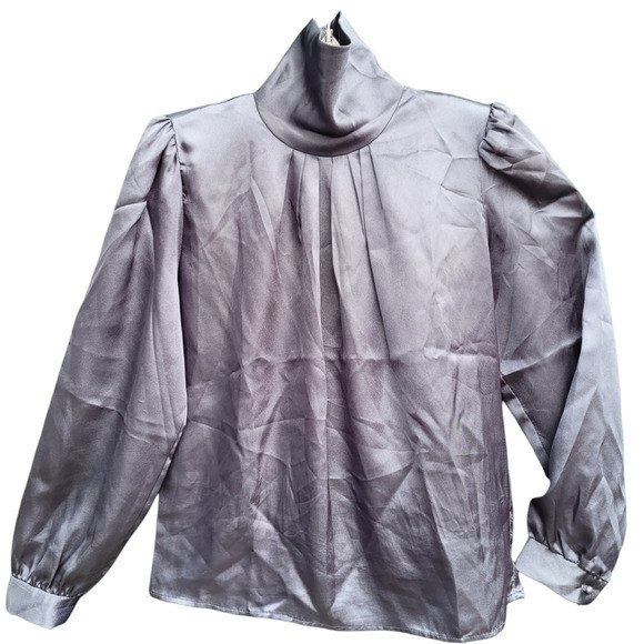 Vintage 80s David Benjamin Satin High Collar Drape‎ Neck Puffy Shoulder Blouse - Picture 1 of 7